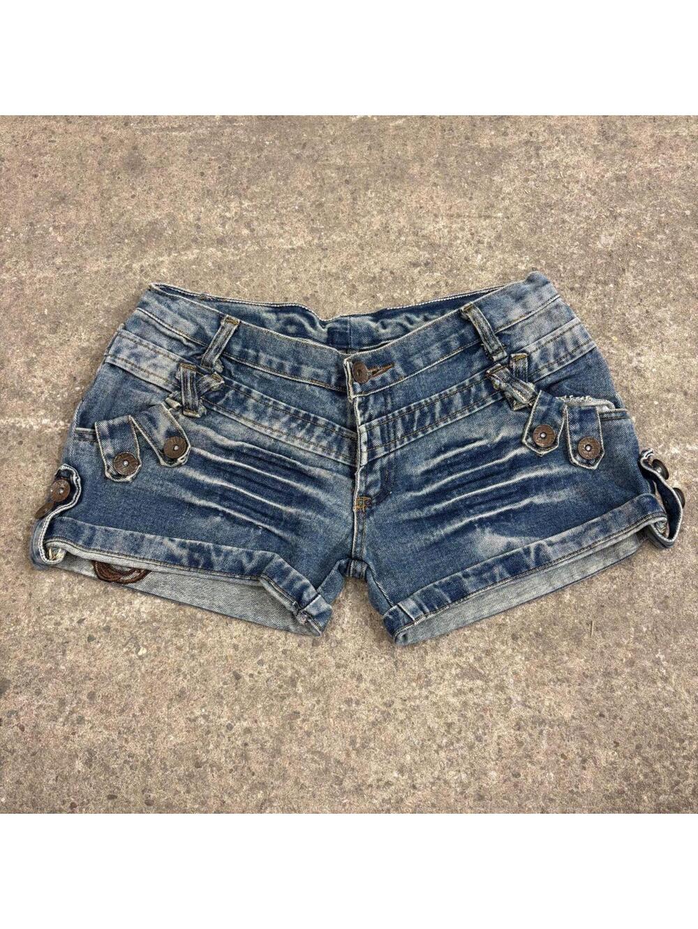 Vintage Y2K Low Rise Denim Micro Shorts Button Tabs